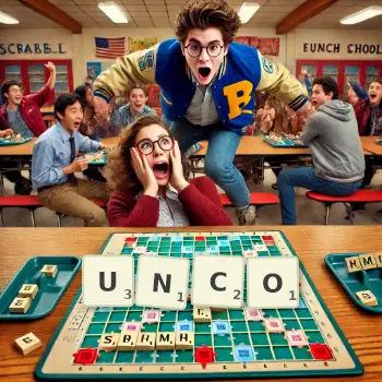 Creative illustration for a Scrabble game with the word UNCO spelled out in tiles on the board.