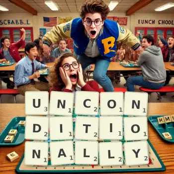 Creative illustration for a Scrabble game with the word UNCONDITIONALLY spelled out in tiles on the board.