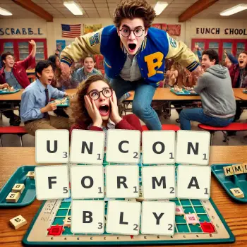 Creative illustration for a Scrabble game with the word UNCONFORMABLY spelled out in tiles on the board.