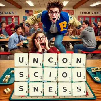 Creative illustration for a Scrabble game with the word UNCONSCIOUSNESS spelled out in tiles on the board.