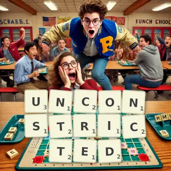Creative illustration for a Scrabble game with the word UNCONSTRICTED spelled out in tiles on the board.
