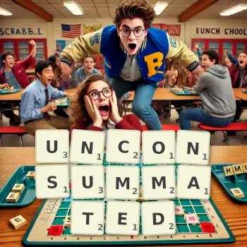 Creative illustration for a Scrabble game with the word UNCONSUMMATED spelled out in tiles on the board.