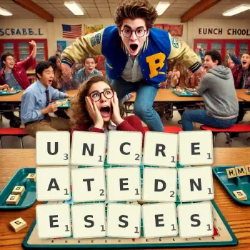 Creative illustration for a Scrabble game with the word UNCREATEDNESSES spelled out in tiles on the board.