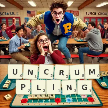 Creative illustration for a Scrabble game with the word UNCRUMPLING spelled out in tiles on the board.