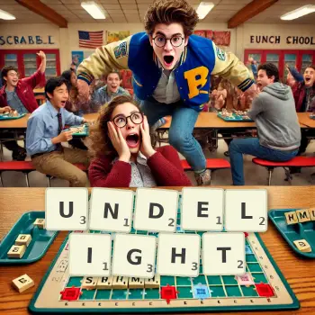 Creative illustration for a Scrabble game with the word UNDELIGHT spelled out in tiles on the board.