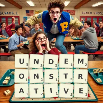 Creative illustration for a Scrabble game with the word UNDEMONSTRATIVE spelled out in tiles on the board.