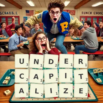 Creative illustration for a Scrabble game with the word UNDERCAPITALIZE spelled out in tiles on the board.