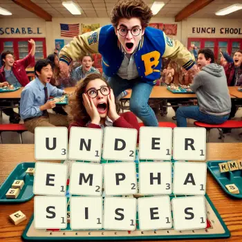 Creative illustration for a Scrabble game with the word UNDEREMPHASISES spelled out in tiles on the board.