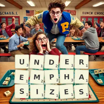 Creative illustration for a Scrabble game with the word UNDEREMPHASIZES spelled out in tiles on the board.