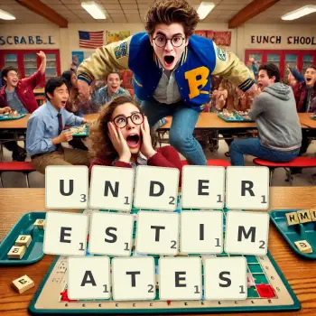 Creative illustration for a Scrabble game with the word UNDERESTIMATES spelled out in tiles on the board.