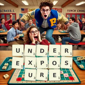 Creative illustration for a Scrabble game with the word UNDEREXPOSURE spelled out in tiles on the board.