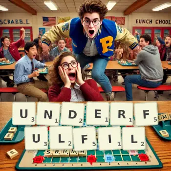 Creative illustration for a Scrabble game with the word UNDERFULFIL spelled out in tiles on the board.
