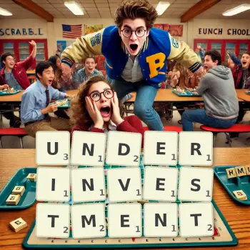 Creative illustration for a Scrabble game with the word UNDERINVESTMENT spelled out in tiles on the board.