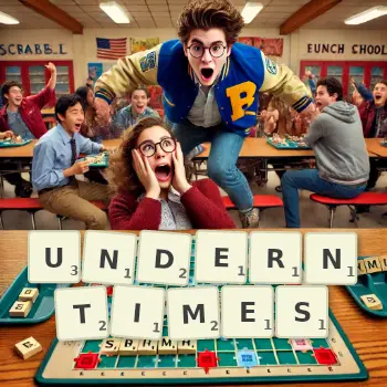 Creative illustration for a Scrabble game with the word UNDERNTIMES spelled out in tiles on the board.