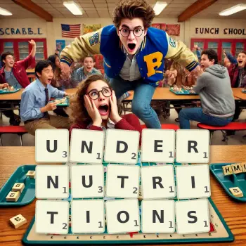 Creative illustration for a Scrabble game with the word UNDERNUTRITIONS spelled out in tiles on the board.