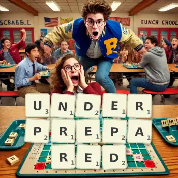 Creative illustration for a Scrabble game with the word UNDERPREPARED spelled out in tiles on the board.