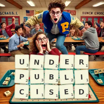 Creative illustration for a Scrabble game with the word UNDERPUBLICISED spelled out in tiles on the board.