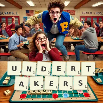 Creative illustration for a Scrabble game with the word UNDERTAKERS spelled out in tiles on the board.