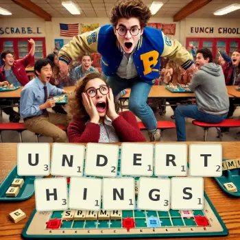 Creative illustration for a Scrabble game with the word UNDERTHINGS spelled out in tiles on the board.