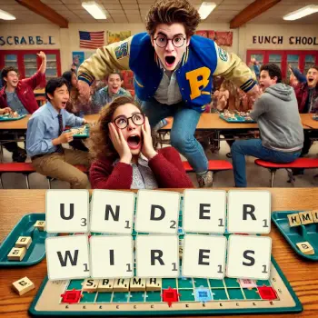 Creative illustration for a Scrabble game with the word UNDERWIRES spelled out in tiles on the board.