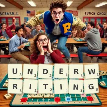 Creative illustration for a Scrabble game with the word UNDERWRITING spelled out in tiles on the board.
