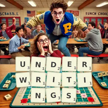 Creative illustration for a Scrabble game with the word UNDERWRITINGS spelled out in tiles on the board.