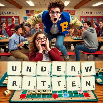 Creative illustration for a Scrabble game with the word UNDERWRITTEN spelled out in tiles on the board.