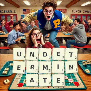 Creative illustration for a Scrabble game with the word UNDETERMINATE spelled out in tiles on the board.