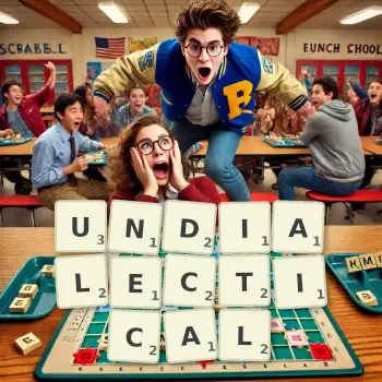 Creative illustration for a Scrabble game with the word UNDIALECTICAL spelled out in tiles on the board.