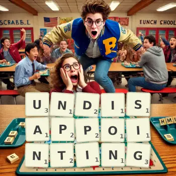 Creative illustration for a Scrabble game with the word UNDISAPPOINTING spelled out in tiles on the board.