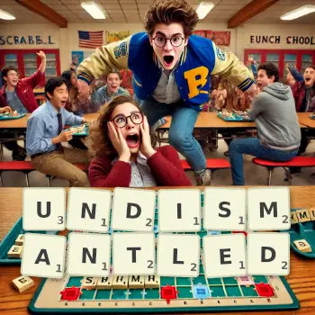 Creative illustration for a Scrabble game with the word UNDISMANTLED spelled out in tiles on the board.