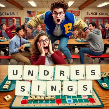 Creative illustration for a Scrabble game with the word UNDRESSINGS spelled out in tiles on the board.