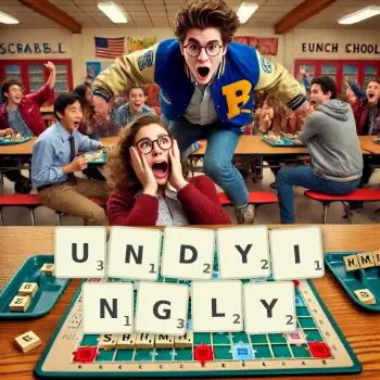 Creative illustration for a Scrabble game with the word UNDYINGLY spelled out in tiles on the board.