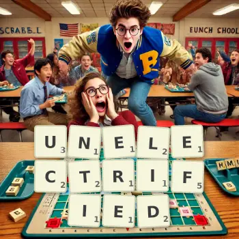 Creative illustration for a Scrabble game with the word UNELECTRIFIED spelled out in tiles on the board.