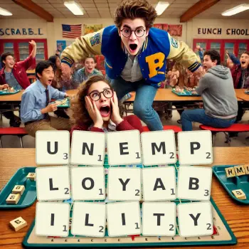 Creative illustration for a Scrabble game with the word UNEMPLOYABILITY spelled out in tiles on the board.