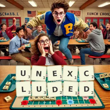 Creative illustration for a Scrabble game with the word UNEXCLUDED spelled out in tiles on the board.
