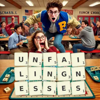 Creative illustration for a Scrabble game with the word UNFAILINGNESSES spelled out in tiles on the board.