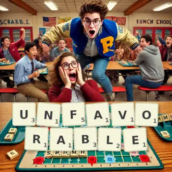 Creative illustration for a Scrabble game with the word UNFAVORABLE spelled out in tiles on the board.