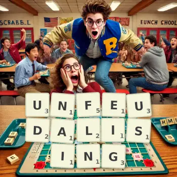 Creative illustration for a Scrabble game with the word UNFEUDALISING spelled out in tiles on the board.