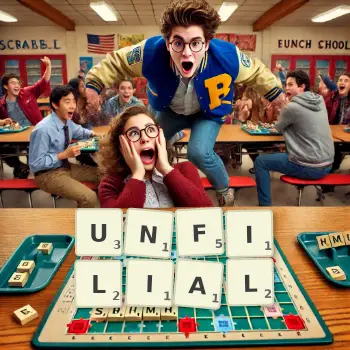 Creative illustration for a Scrabble game with the word UNFILIAL spelled out in tiles on the board.