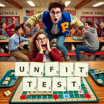 Creative illustration for a Scrabble game with the word UNFITTEST spelled out in tiles on the board.