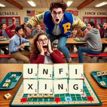 Creative illustration for a Scrabble game with the word UNFIXING spelled out in tiles on the board.