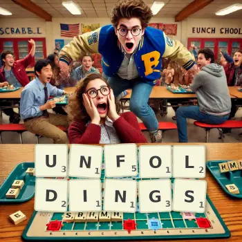 Creative illustration for a Scrabble game with the word UNFOLDINGS spelled out in tiles on the board.