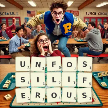 Creative illustration for a Scrabble game with the word UNFOSSILIFEROUS spelled out in tiles on the board.