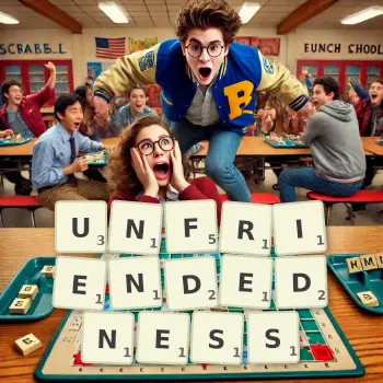 Creative illustration for a Scrabble game with the word UNFRIENDEDNESS spelled out in tiles on the board.