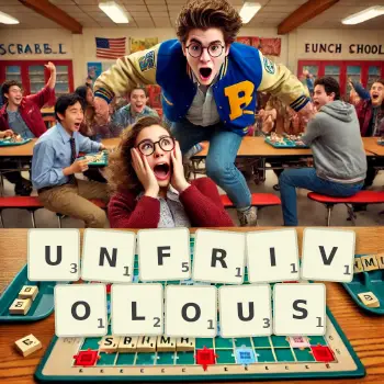Creative illustration for a Scrabble game with the word UNFRIVOLOUS spelled out in tiles on the board.