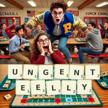 Creative illustration for a Scrabble game with the word UNGENTEELLY spelled out in tiles on the board.