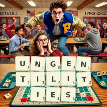 Creative illustration for a Scrabble game with the word UNGENTILITIES spelled out in tiles on the board.