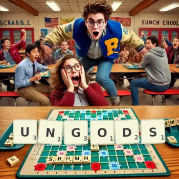 Creative illustration for a Scrabble game with the word UNGODS spelled out in tiles on the board.