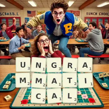 Creative illustration for a Scrabble game with the word UNGRAMMATICAL spelled out in tiles on the board.